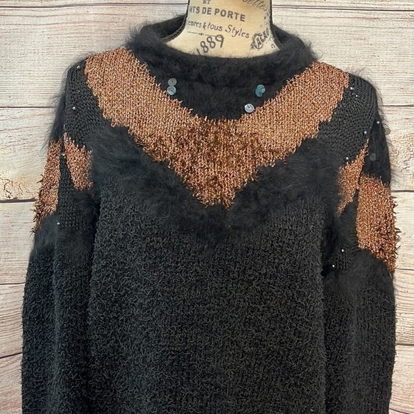 Vintage Sweater Retro 1980’s Faux Fur Metallic Sequins Ferran-Miesse - Picture 2 of 8